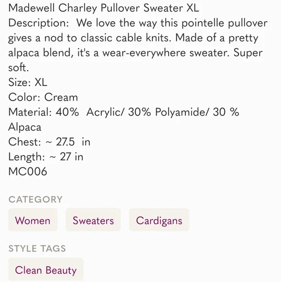 Madewell Charley Pullover Sweater XL - Picture 9 of 9